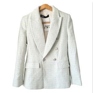 Zara Double Breasted Tweed Blazer in pastel mint